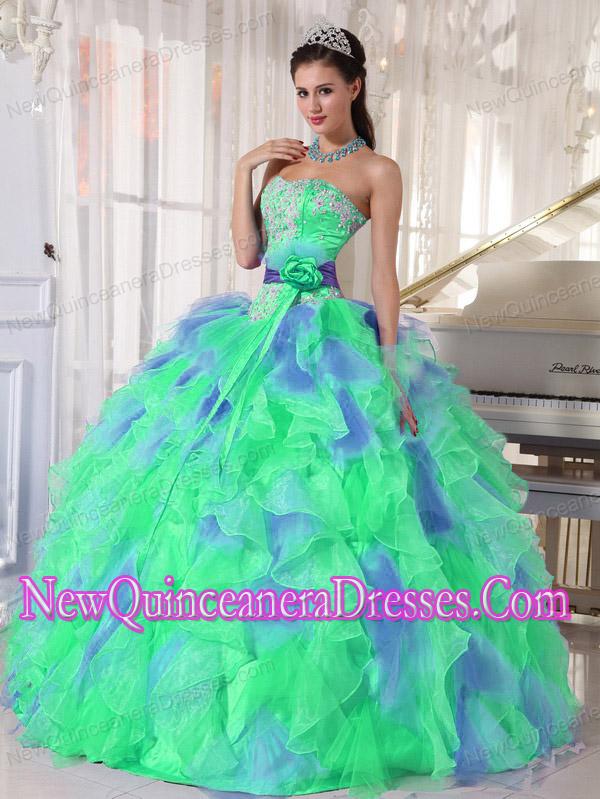 blue and green gown