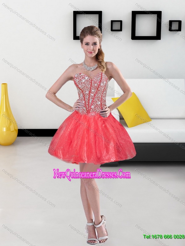 2015 Remarkable Beading Mini Length Dama Dresses in Coral Red