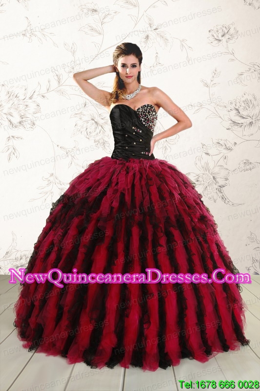 triumph Elegant Sweetheart Ruffles and Beaded Quinceanera Dresses in Red and Black
