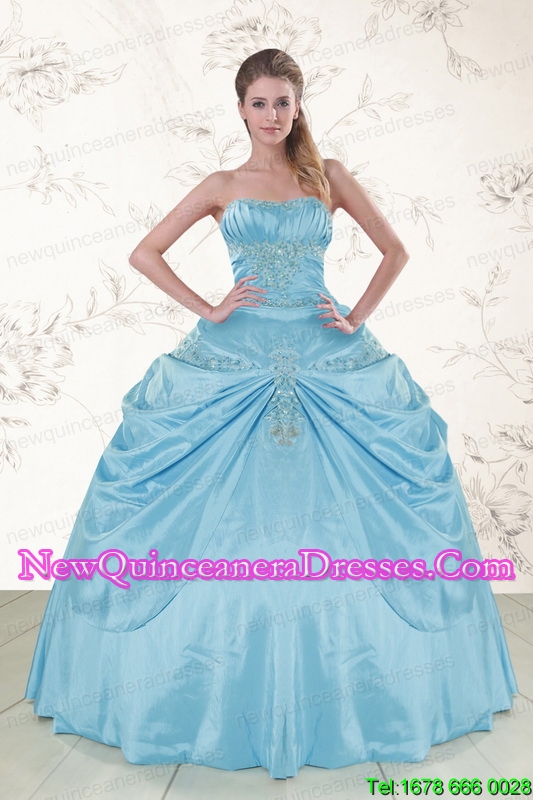 triumph 2015 Cheap Aqua Blue Strapless Sweet 15 Dress with Appliques