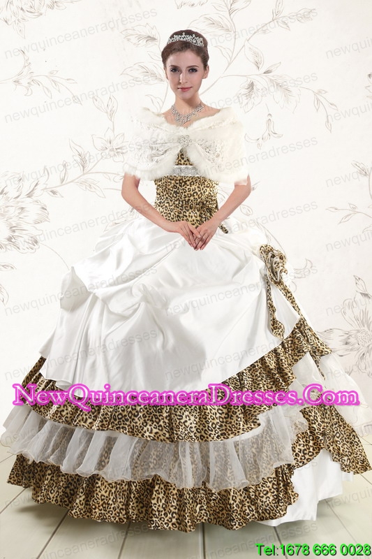 triumph 2015 Custom Made Strapless Leopard Quinceanera Dresses with Hand Made Flower