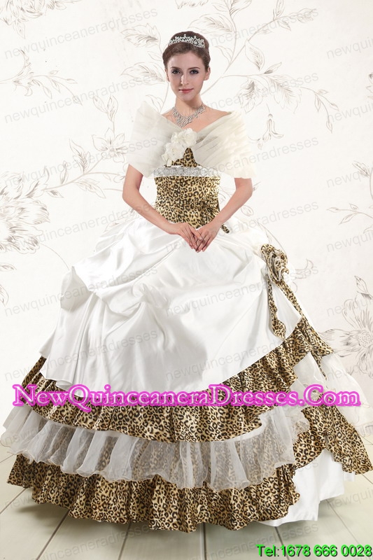 triumph 2015 Discount Strapless Leopard Quinceanera Dresses with Hand Made Flower