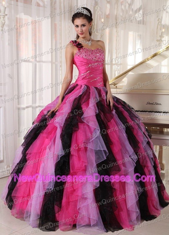 Beautiful Multi-colored Quinceanera Dress One Shoulder Organza Beading and Ruffles Ball Gown