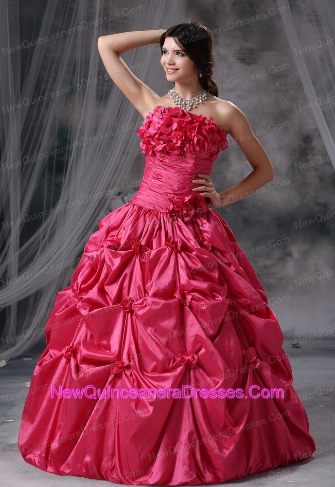 Panora Iowa Hand Made Flowers and Pick-ups Decorate Bodice Ruch Ball Gown Floor-length Coral Red Strapless Military Ball Gowns