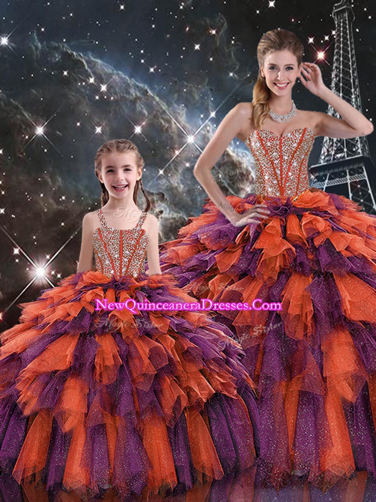 Sophisticated Multi-color Ball Gowns Beading and Ruffles and Ruffled Layers Sweet 16 Quinceanera Dress Lace Up Organza Sleeveless Floor Length