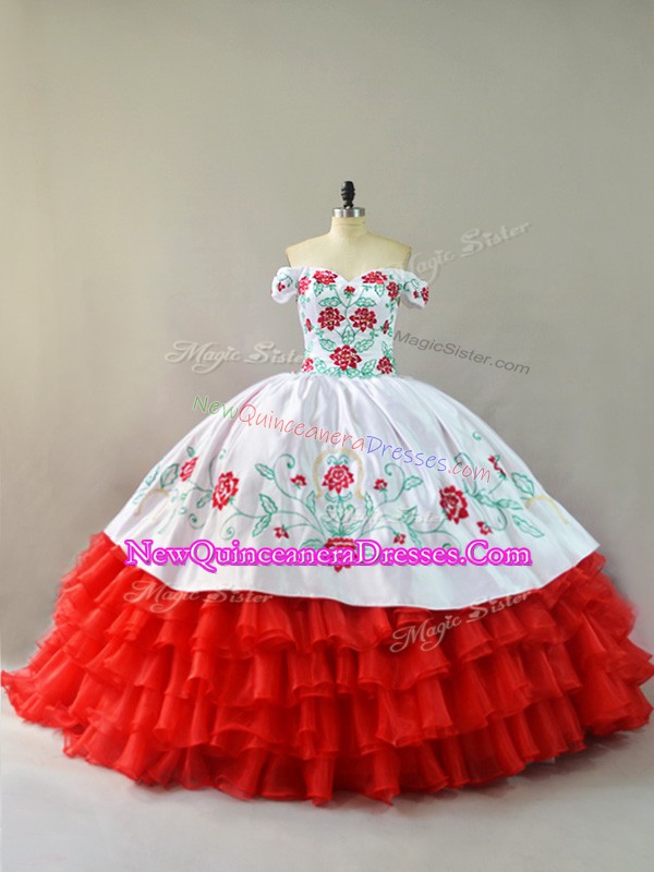  White And Red Organza Lace Up Off The Shoulder Sleeveless Sweet 16 Dress Court Train Embroidery and Ruffled Layers