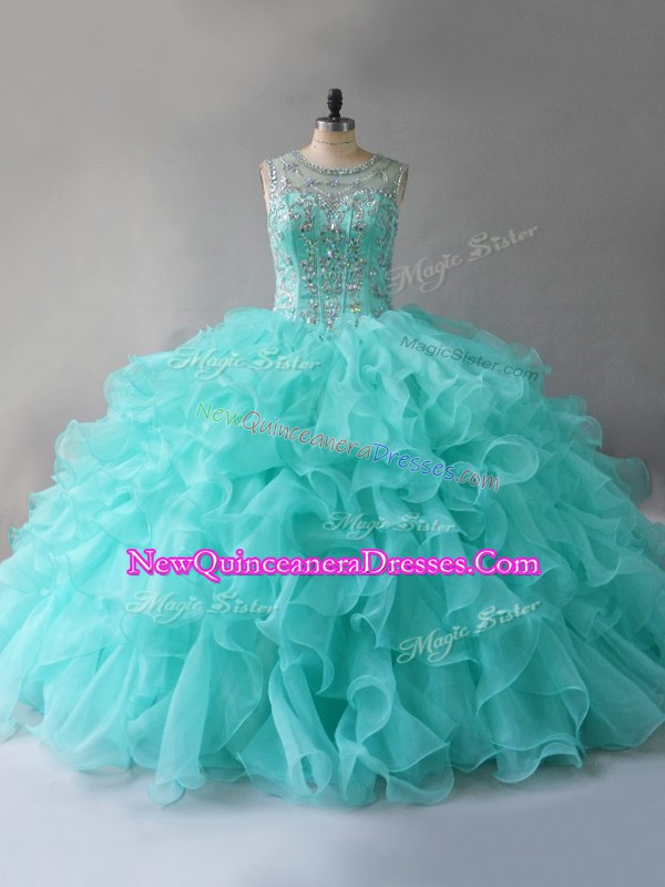  Aqua Blue Sleeveless Organza Lace Up Sweet 16 Quinceanera Dress for Sweet 16 and Quinceanera
