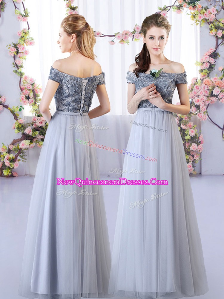  Empire Damas Dress Grey Off The Shoulder Tulle Sleeveless Floor Length Lace Up