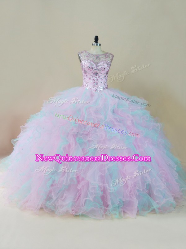 Eye-catching Multi-color Scoop Neckline Beading and Ruffles Ball Gown Prom Dress Sleeveless Lace Up