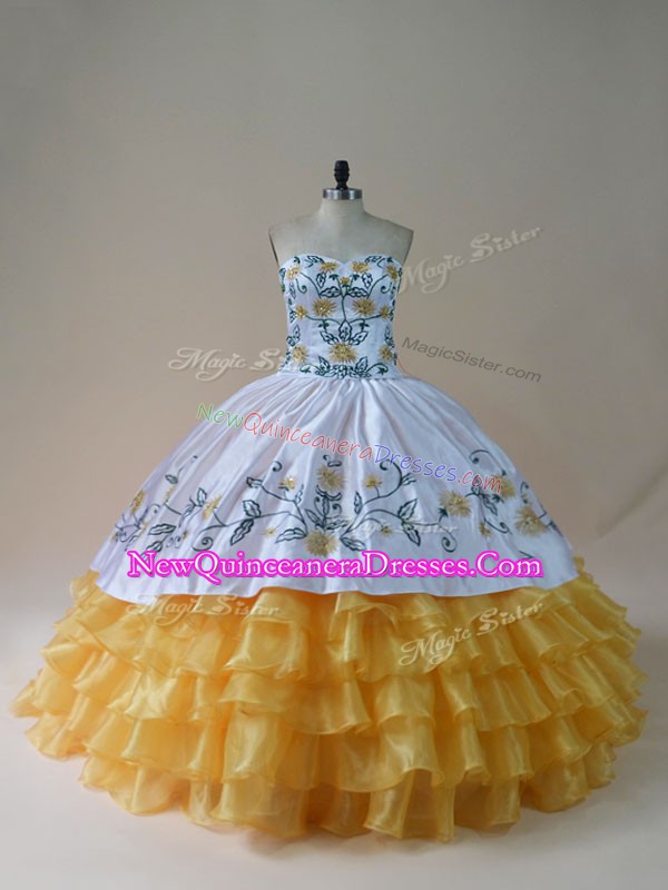  Floor Length Yellow And White 15 Quinceanera Dress Organza Sleeveless Embroidery and Ruffled Layers