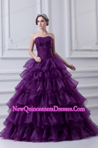 2014 Eggplant Purple Strapless Ball Gown Beading and Embroidery Quinceanera Dress