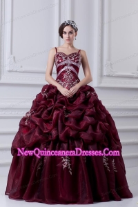 2014 Spaghetti Straps Organza Beading and Appliques Burgundy Quinceanera Dress