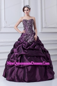 Cheap Eggplant Purple Sweetheart Embroidery and Pick-ups Quinceanera Dress