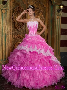 2014 Hot Pink Ball Gown Strapless Floor-length Ruffles Organza Quinceanera Dress