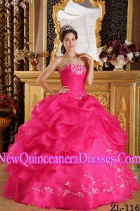 2014 Quinceanera Dress In Coral Red Ball Gown Strapless Floor-length Embroidery Organza