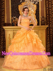 2014 Quinceanera Dress Orange Ball Gown Strapless Floor-length Organza With Appliques