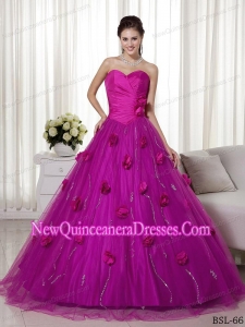 A-line Sweetheart Brush Train Tulle and Taffeta Hand Made Flowers 2013 Quinceanera Dress