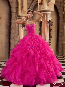Ball Gown Sweetheart Floor-length Ruffles Organza 2014 Quinceanera Dress in Coral Red