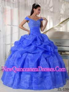 Blue Off The Shoulder Ball Gown Taffeta and Organza Beading 2013 Quinceanera Dress