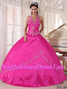 Hot Pink Ball Gown Halter Taffeta Appliques 2013 Quinceanera Dress