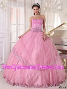 Pink Sweetheart Taffeta and Tulle Ball Gown Appliques 2013 Quinceanera Dress