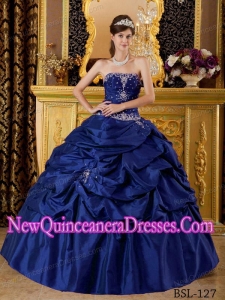 Strapless Floor-length Taffeta 2014 Quinceanera Dress in Dark Blue with Appliques