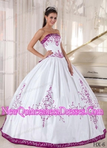 Strapless White and Fuchsia Floor-length 2013 Quinceanera Dress with Embroidery