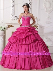 2014 Ball Gown Sweetheart Taffeta Beading and Ruching Quinceanera Dress in Hot Pink