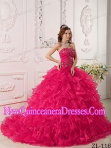 2014 Hot Pink Ball Gown Organza With Ruffles And Embroidery Quinceanera Dress