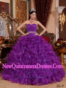 2014 Purple Ball Gown Sweetheart Organza Beading Quinceanera Dress