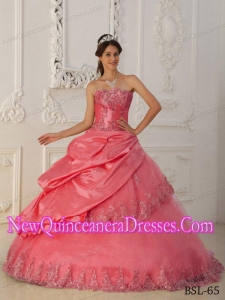 A-Line Sweetheart Taffeta and Tulle Floor-length Beading 2014 Quinceanera Dress in Watermelon