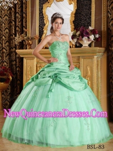 Beaded Ball Gown Strapless Floor-length Tulle and Taffeta 2014 Quinceanera Dress in Apple Green