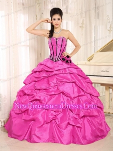 Beaded and Hand Made Flowers 2014 Quinceanera Dress With Pick-ups in Hot Pink