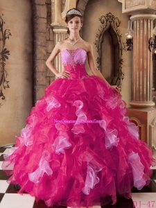 Beading and Ruffles Ball Gown Strapless Floor-length Organza Hot Pink 2014 Quinceanera Dress
