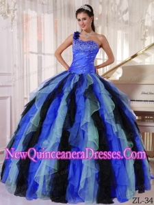 Beautiful Multi-colored Ball Gown Beading and Ruffles Quinceanera Dress with One Shoulder