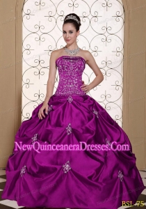 Embroidery Taffeta Strapless Modest Beautiful Quinceanera Dress with Pick-ups