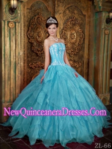 Gorgeous Ball Gown Strapless Floor-length Appliques Organza Aqua Blue 2013 Quinceanera Dress