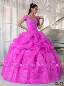 Hot Pink Ball Gown Off The Shoulder Floor-length Beading Beautiful Quinceanera Dresses