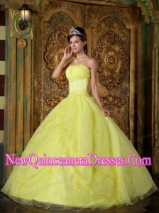 In Yellow Ball Gown Strapless Floor-length Appliques Organza 2014 Quinceanera Dress