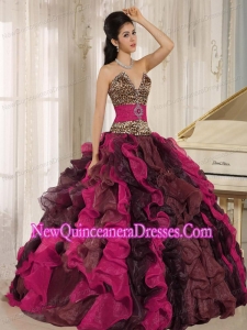 Multi-color 2014 Quinceanera Dresses V-neck Ruffles With Leopard and Beading