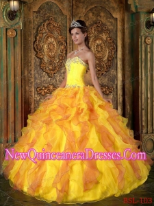 Orange A-Line / Princess Sweetheart 2014 Quinceanera Dress Floor-length Ruffles Organza