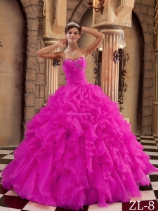 Organza Hot Pink Ball Gown Sweetheart Floor-length Ruffles 2013 Quinceanera Dress
