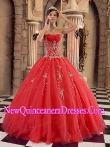 Red Ball Gown Floor-length Organza 2014 Quinceanera Dress with Beading