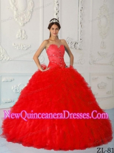 Satin and Organza Sweetheart Floor-length Beading 2013 Quinceanera Dress in Red
