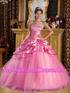 Taffeta and Tulle Ball Gown Floor-length Beading 2014 Quinceanera Dress in Rose Pink
