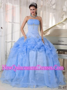 Beautiful Baby Blue Ball Gown Strapless Organza Beading Quinceanera Dress