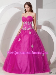 Cheap Sweetheart Tulle With Appliques and Beading Quinceanera Dress in Fuchsia
