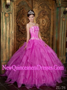 Hot Pink Ball Gown Strapless Floor-length Appliques Organza Beautiful Quinceanera Dress