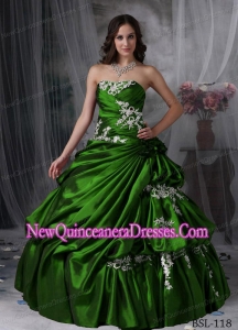 Strapless Floor-length Taffeta Appliques and Flowers Classical Quinceanera Dress in Green