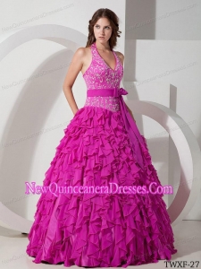 Ball Gown Halter Chiffon Embroidery Discount Sweet 15 Dresses